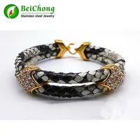 BC Fashion Python Skin Snake 5MM Men with Silver Stainless Steel BOX Circle Bangle Bracelet For Watch Gift1935