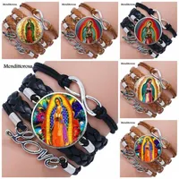For Women Christmas Jewelry Glass Cabochon Multilayer Black Brown Leather Bracelet Bangle Virgin Mary Sacred Heart Religious240E