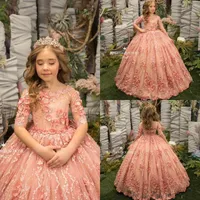 Girl Dresses Long Sleeve Flower For Wedding Floral Lace Pink 2022 Toddler Girls Pageant Dress Kids Formal Wear Prom