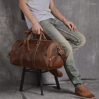 더플 백 Luufan Vintage Geunine Leather Men 's Travel Bag Big Hand Luggage 대용량 싱글 어깨 메신저 15 인치 노트북