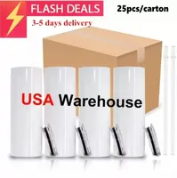 USA Warehouse 20oz Blanks Sublimation Tumbler Stainess Steel Coffee Tea Mugs Insulted Water Cup With Plastic Straw And Lid GC1007