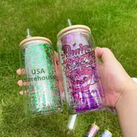 US Local Warehouse 16oz Sublimation Double Wall Glass Tumblers Glitter Snow Globe Blank Cans with bamboo Lids and Straw DIY Beer Juice Glasses Cups