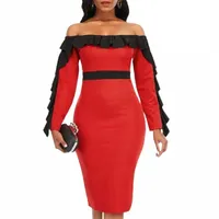 casual Dresses Women Dress Bodycon Off Shoulder Patchwork Black Ruffles Sexy Party High Waist Vestidos African Large Size Female Fashion Rob B0Oi#