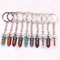Natural Stone Hexagonal Column Chakra Keychain key rings For Women Crystal Pink Quartz KeyRing On Bag Car Jewelry Party Friends Gift