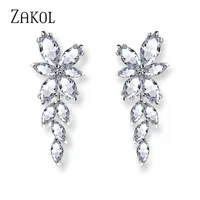 Fashion Dangle Earrings ZAKOL Zirconia Crystal Long Dangle Drop Earrings Shiny Leaf Bridal Wedding Jewelry for Women FSEP167