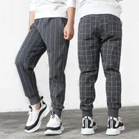 Moda Slim Fit Grey Plaid Stripe Casual Harem Pants Kids Adolesce