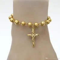 Hip Hop Jewelry 14K Gold Plated Rosary Bead Bracelet Stainless Steel Cross with Jesus Charms Pendant Link Chain Religion Female Pu249p