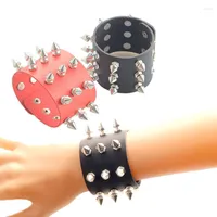 Charm Bracelets Trendy Punk Non-mainstream Bangle Lady Exaggerated Conical Pointed Rivets Three Rows Leather Wristband Women Jewelry