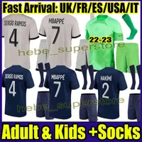 Camisas 2022 2023 Conjunto completo com meias Maillots de Football Mbappe Men Kits Kits Kits 21 22 23 Jersey de futebol PSGS Quarta camisa Hakimi Unifo