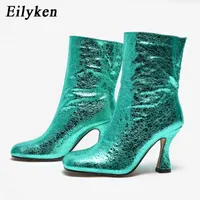 Boots Eilyken Fashion Design Round Toe Women Ankle Boots High Heels Green Silver Sexy Nightclub Slip on Lady Chelsea Shoes Handmade 220913