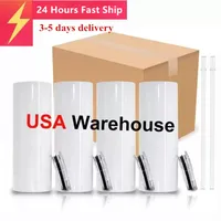 US Warehouse 20 oz de sublima￧￣o Tumbllers retos copos brancos em branco com palha de palha 20 oz de a￧o inoxid￡vel a v￡cuo copos com can￧￣o isolada
