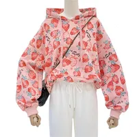 Tracksuits voor dames lente herfst dunne roze zoete girly stijl hoodie casual los sweatshirt harajuku print melk aardbei pullover vrouw 220914