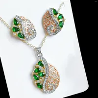 Brincos de colar Conjunto de npkds femininos de pingente de pingente de pingente feminino anel de jóias de zircão verde de zircão de cristal