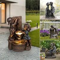 Decorative Figurines Indoor Outdoor Girl And Boy Statue Resin Retro Kids Play Kawaii Figure Sculpture Yard Art Home Garden Decoration