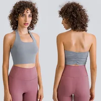 L146 Kvinnor Fashion Sexy Sports Bra Yoga Tank Tops h￤nger Neck Fit Tank Back Fabric Folds Underwear Vest k￤nns sm￶rig mjuk topp med avtagbara koppar