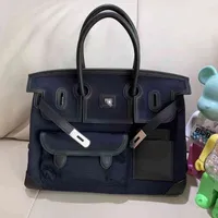 Designer Bags Brikin Bag Hemees Woman's Handbag Bag 35cm Cargo h Fully Hand Sewn with Wax Thread Canvas Splicing Swift Leather Black Royal