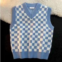 Men s Sweaters Fonekie Autumn v Neck Knit Sweater Vests Loose College Style Plaid Couple Sleeveless Retro Checkerboard Knited Vest 220914
