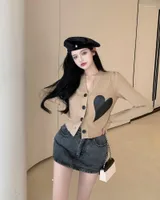 Women&#039;s Knits Korean V-neck Love Knitted Coat Cardigan Sweater Fashion Casual Chaquetas Largas Mujer De Punto Brief Top Female Woman Cloth