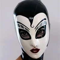 Party-Dekoration wei￟e schwarze Latex Maskenhaube sexy Gummihaube mit Rei￟verschluss handgefertigte Fetisch-Kopfbedeckung mit Augen L￶cher Parodie Halloween Requisiten 220915