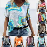 Women&#039;s T Shirts Women&#39;s Summer Shirt Casual Wavy Marble Pattern Sexy V Neck Loose Plus Size Short Sleeve Top Street Fashion Pullover