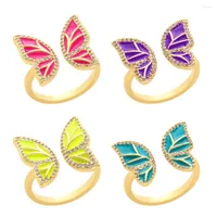 Cluster Rings Simple Enamel Fuchsia Butterfly Ring For Women Copper Zirconia Cocktail Open Fashion Jewelry Anillo De Mariposa Rign78