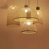 الخيزران الفني LED الثريا الخشبية الخوص E27 الصينية مصابيح قلادة تعليق المنزل غرفة الطعام الداخلية المطبخ ضوء luminaire l319e