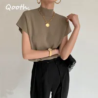 TEEST shirts Qooth solide stand up collier tricot￩ ￠ manches courtes Bureau Lady All Match Fashion Vest Shirt l￢che ￩l￩gant droit q ...
