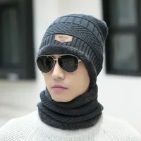Winter Knitted Hat Scarf Set for Men Fleece Warmth Bib Cap Ring Scarves Thickened Women's Ear Protection Cold Proof