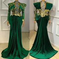 Emerald Green Mermai Prom Dresses High Neck lange mouw fluwelen spiegel Crystal African Aso Ebi avondjurk Vestidos de Gala 0915