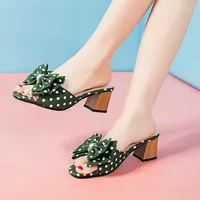 Sandals High Heels Women Polka Dot Bow Slides 2022 Casual Square Outddor Slippers Sandal Female Ladies Outside Wave Point