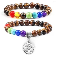 Strand 2pcs 7 Chakra Beads Bracelets Charm OM Mala Natural Tiger Eye Stone Jewelry Black Lava Reiki Balance Yoga Bangles For Women Men