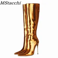 부츠 Mstacchi Classics 여성 하이힐 부츠 특허 가죽 백 지퍼 광장 발가락 신발 펑크 스타일 무릎 길이 부츠 여성 T220915