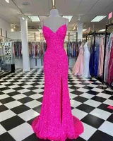 2023 Elegant Sparkle Sequines Split Mermaid Evening Dresses V-Neck Sleeveless Women Party Night Spaghetti Straps Long Prom Dress
