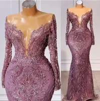 Plus Size Arabic Aso Ebi Mermaid Prom Dresses Lace Beaded long sleeve Evening Formal Party Second Reception 0915