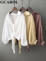 여자 블라우스 GCAROL 여자 V 목 셔츠 드롭 어깨 느슨한 단순 목도리 넥타이 여름 얇은 짧은 상단 기본 해변 스트리트웨어 2022