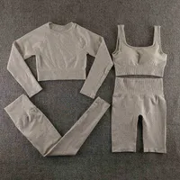 Cal￧as do acampamento feminino Yoga Suit Conjunto de sin costuras para mujer ropa portiva entrenamiento gimnasio top corto mang￡ larga leggings cintura