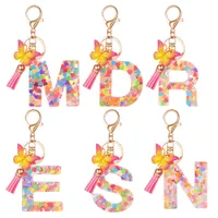 Fashion JewelryKey Acrylic Butterfly English Alphabet Crystal Women Key Chains Ring Tassels Keyring Holder Pendent Gift Accessory