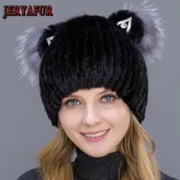 JERYAFUR Real hat for women winter hat with vertical weaving cute hats with cat ears and fur314l