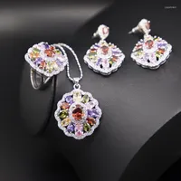 Orecchini di collana set luccicante CZ Luxury Court Design Multi Color 925 Stamp Silver Jewelry Ring Regalo per matrimoni/Anniversario