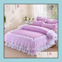 Bedding Sets Korean Purple Lace Bedding Set Bedspread 4Pcs Romantic Princess Bedclothes Bed Cotton Duvet Ers Skirt Pillowca Zlnewhome Dhhon
