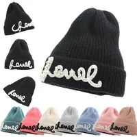 Knit hat autumn winter 2021 new warm chunky pearl letters solid color wool hat cold hat lady273S
