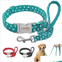 Dog Collars Leashes Dog Collar Custom Nylon Pet Polka Dot Walking Leash Set Personalized Puppy Nameplate Id Tag S Adjustable Engrave Dhgnl