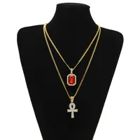 Egyptische Ankh Key of Life Bling Rhinestone Cross Pendant met rode Ruby Pendant Necklace Set Men Hip Hop Jewelry1914