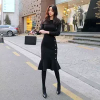 Sıradan Hayblst Marka Elbise Kazak Kadınlar Sonbahar 2019 Kış Koreli Siyah Giyim Moda Zarif Uzun Kollu Örgü Balık kuyruğu Elbiseleri 0916