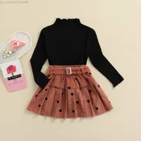 Special Occasions Citgeett Spring Valentine&#039;s Day Kids Girls Outfit Sets Black Long Sleeve Ribbed Tops Heart Print Pleated Skirt Autumn Clothes L220915