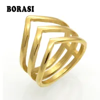 S s Promotion Sale Borasi Goldene Farbe Edelstahl Schmuck drei V -Form -Design -Ring für Frauen