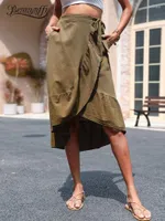 Spódnice Benuynffy Solid wiązanie boczna spódnica boho bawełna kobiety 2022 letnie wakacje swobodne kieszenie potargane midi