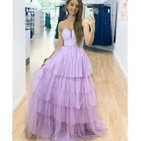 2023 Purple Ruffles Tiered Skirt Prom Dresses Puffy Party Dresses Strapless Evening Dresses
