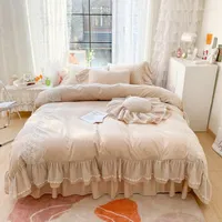S￤ngkl￤der s￤tter Champagne Cotton Princess Set Single Double Lace Ruffles D￤cke Cover Bed Skirt Sheet Pillow Cases Home Textiles