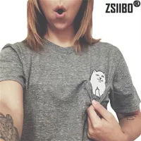 ZSIIBO Brand Pocket cats t-shirts for women Fashion cheap cat t shirt short sleeve Funny Cat in pocket plus size tops WT09 WR241j
